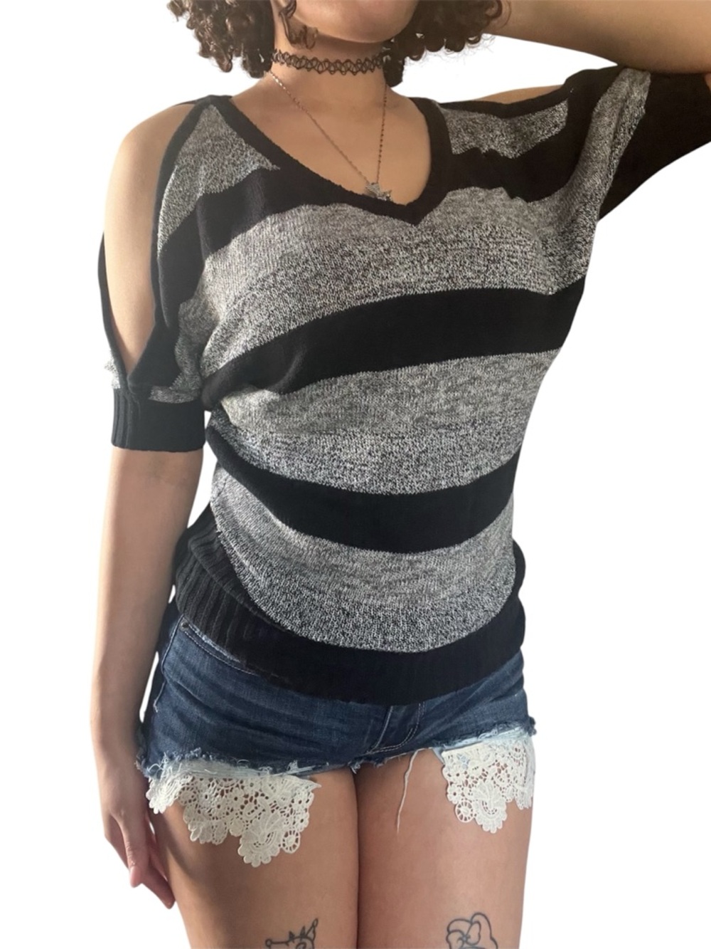 Black & Gray Striped Cold-Shoulder Women's Sweater
